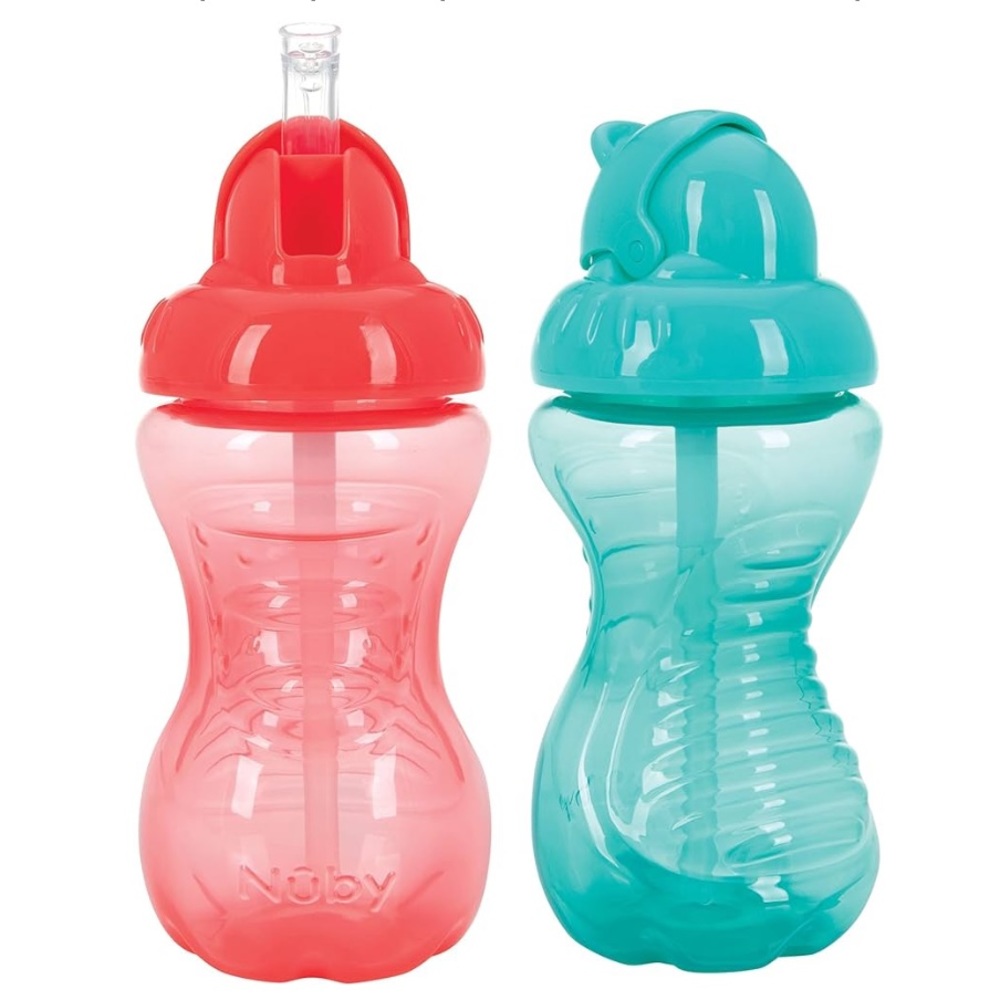 Nuby 2-Pack No-Spill Flip-It Cups, 10 Ounce, Red/Aqua